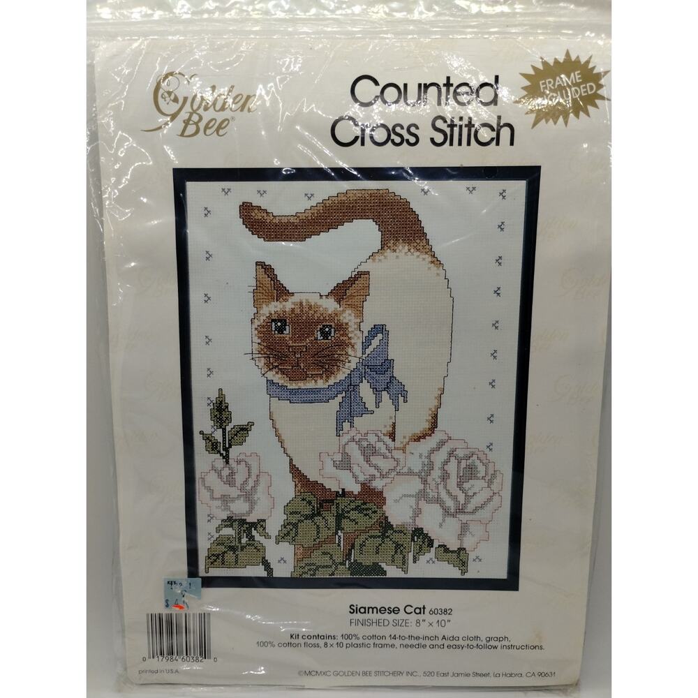 Cross Stitch Siamese Cat - Golden Bee 1990 Counted Kit with Frame - 60382